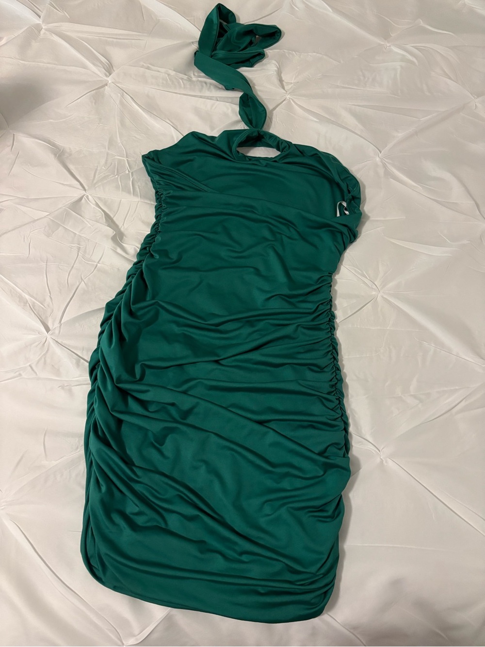 Princess Polly Masen Mini Dress Forest Green Halter Neck Size 8 Rouched Bodycon - Picture 2 of 3